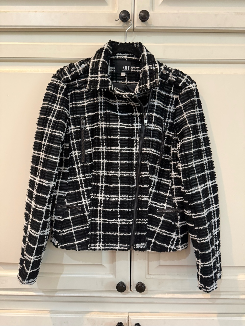 Kut from the Kloth Black and White Plaid Tweed Moto Jacket
